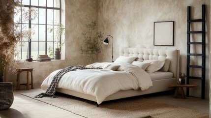 Obraz premium エレガントなモックアップポスターフレームを使用した居心地の良いベッドルームのインテリアデザイン