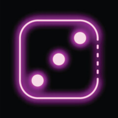 Neon pink icon of a dice is glowing on a black background