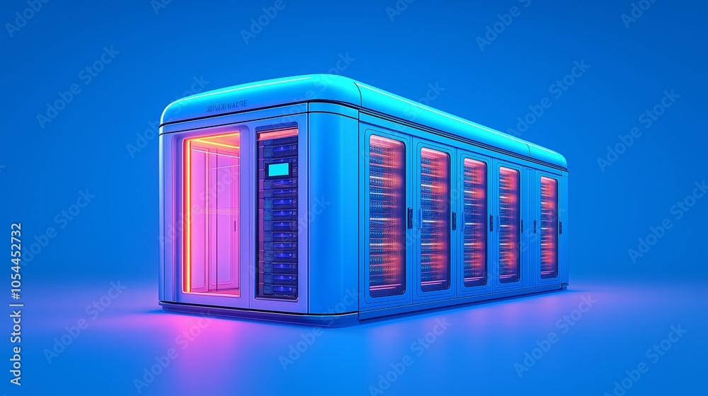 Poster futuristic data server with neon lighting in blue and pink, representing high-tech storage and digit