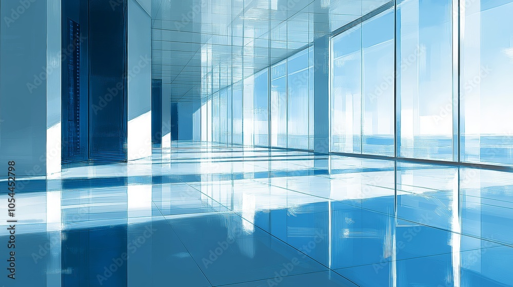 Poster Bright Futuristic Glass Hallway in Modern Corporate Building, Emphasizing Minimalist Design and Open Architectural Space, Generative AI
