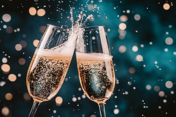 Clinking glasses with champagne close-up on a blue background. Christmas background with golden bokeh
