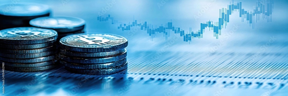 Poster bitcoin cryptocurrency coins stacked on financial data with rising graph