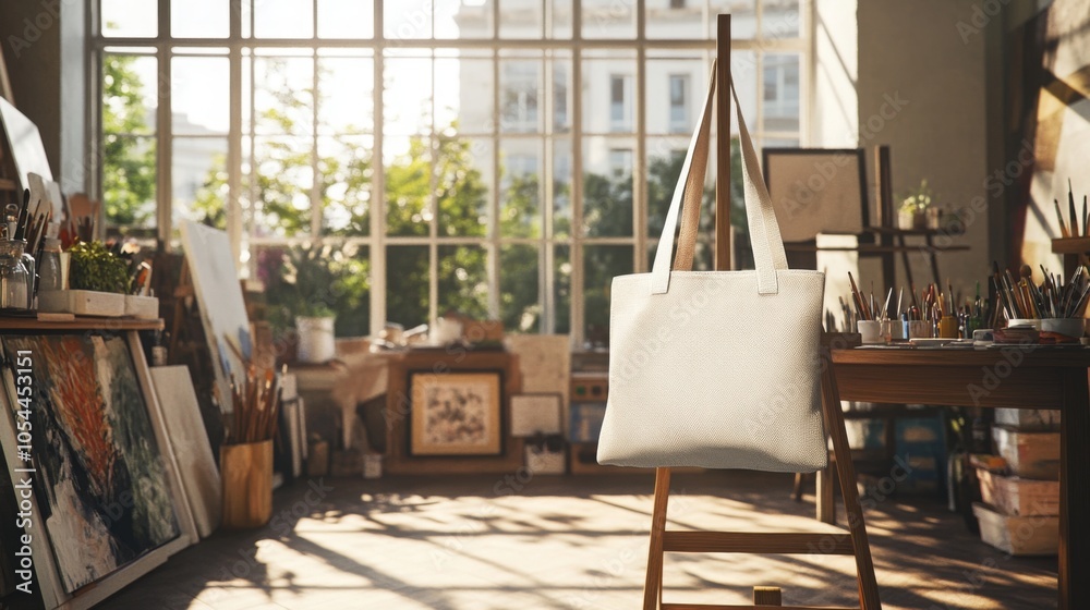 Poster the interior of an artist's studio features a white tote bag hanging from an easel. sunlight streams