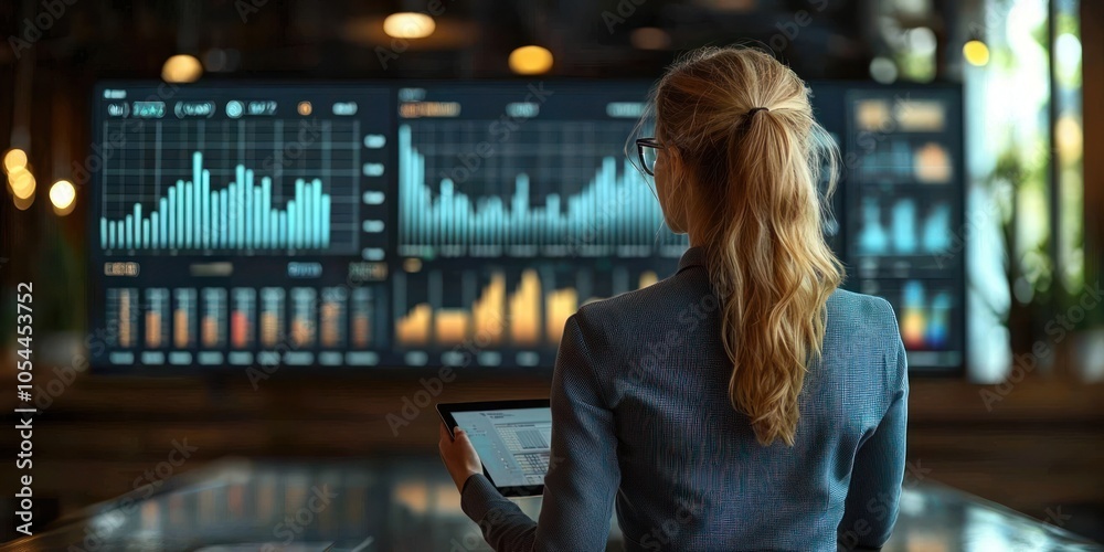 Aufkleber woman analyzing financial data on a tablet and large screen display