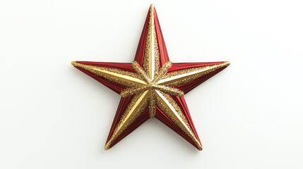 Fototapeta premium Classic fivepoint star tree topper in red and gold, placed on a plain white background, isolated