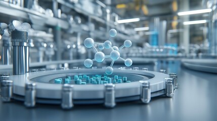Fototapeta premium Futuristic Laboratory with Molecular Model and Advanced Equipment, Representing Biotechnology and Scientific Research Innovation, Generative AI