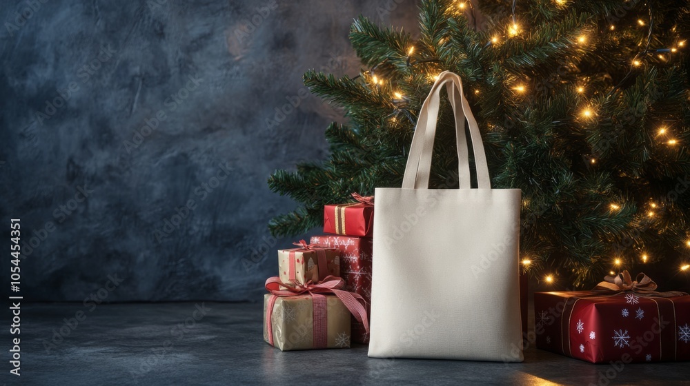Poster a white tote bag stands in front of a stack of wrapped presents. the presents are wrapped in red and