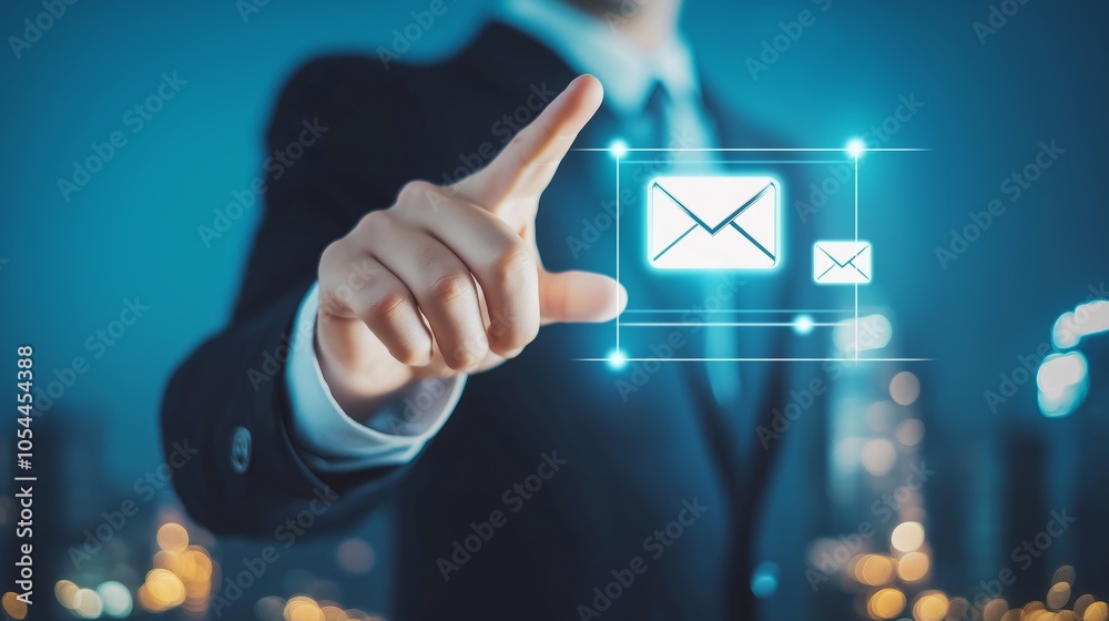 Poster businessman touching virtual email icon on futuristic screen, symbolizing modern communication and d