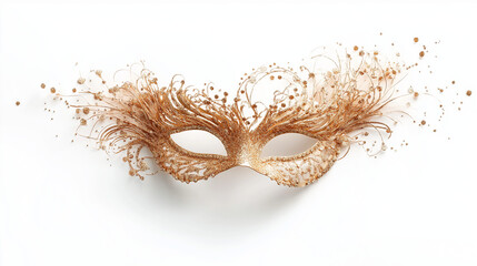 Fototapeta premium Elegant Gold Glitter New Year’s Masquerade Mask on White Background, Highlighting Rhinestone Details and Intricate Leaf Design with Realistic Shadows