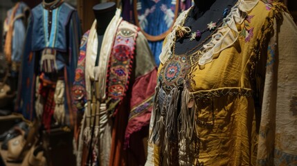 Several mannequins are wearing colorful traditional slavic clothing with embroidery and intricate beading. The clothing is beautifully crafted and displays the rich history of slavic culture