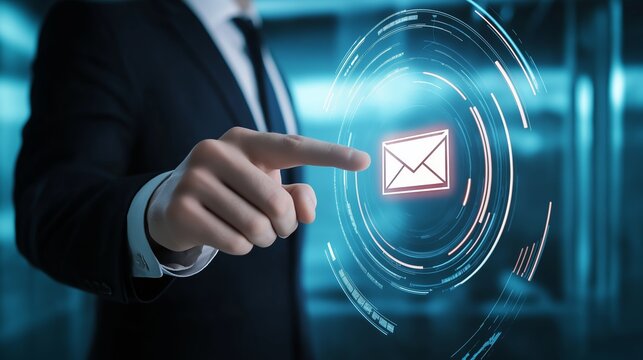 Businessman Touching Virtual Email Icon on Futuristic Screen, Symbolizing Modern Communication and Digital Connectivity, Generative AI