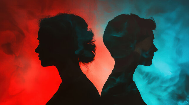 Silhouette of a man and woman in profile, against background with blue and red contrast