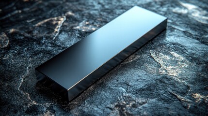 A long, black, rectangular object sits atop a dark textured surface.