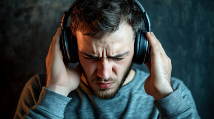 Person with headphones, holding their ears due to unexpected loud music, sound sensitivity, headphone discomfort
