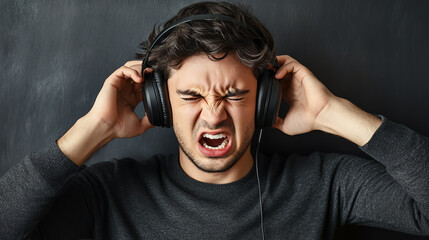 Person with headphones, holding their ears due to unexpected loud music, sound sensitivity, headphone discomfort