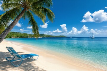 Fototapeta premium A tranquil beach with turquoise waters and palm trees on a sunny day in a tropical paradise