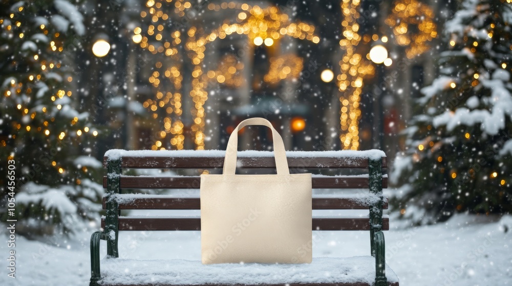 Aufkleber A quaint bench blanketed in snow features an empty tote bag resting on it. The backdrop is adorned with warm, twinkling lights, creating a cheerful atmosphere during a winter evening.