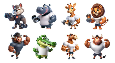 Fototapeta premium A group of cartoon 3d animals are posing for a fitness picture. Set of 3d cartoon animals training fitness.