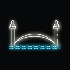 Neon sign illustration of a bridge spanning over water with two towers on each side