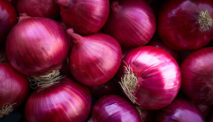 Red onion Vegetables, Creative background design with food theme, focus on the pile of fresh Red onion Vegetables © Saddha Visual