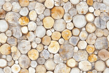 Close-up of golden wood slices, creating a warm, natural texture for rustic decor, backgrounds, or nature-inspired design projects.