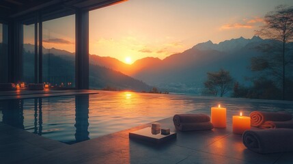 A luxurious outdoor pool with a stunning sunset view of mountains.