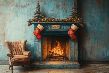 Fireplace with stockings hanging over it and a chair in front of it, 2025 year