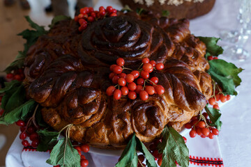Traditional Decorative Bread with Holly Berries and Leaves