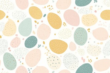 A seamless pattern of pastel-colored Easter eggs with leaf and dot accents, creating a festive and playful spring design.