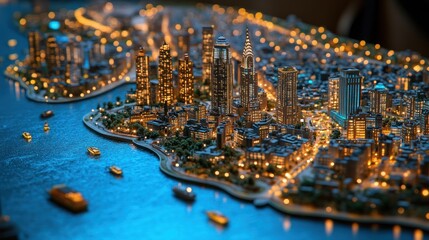 A miniature city model with illuminated buildings at night.