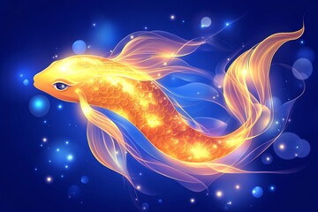 A fish with a golden tail gracefully swimming in deep blue waters illuminated by soft beams of light