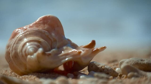 Conch, Light pink, beautiful sea shells with sand and back light, rotation, on black background