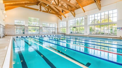 Obraz premium A spacious indoor swimming pool with lane dividers, surrounded by bright windows, emphasizing fitness, sports, and a clean environment.