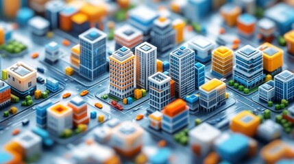 Obraz premium A miniature cityscape with colorful buildings and cars.