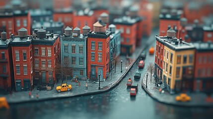A miniature cityscape with colorful buildings, a winding street, and small cars.