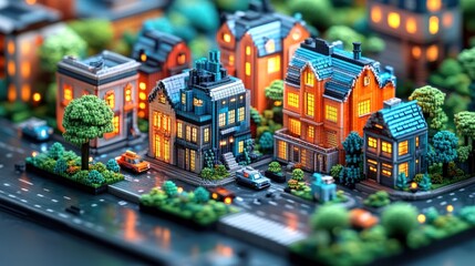 Obraz premium A miniature cityscape with houses, cars, and trees at night.