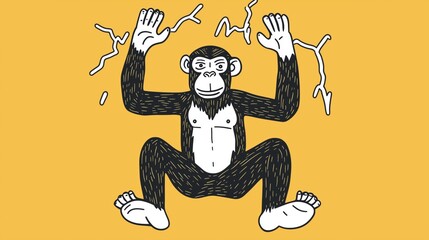 Fototapeta premium A bold monkey strikes a powerful pose with electric effects on a vibrant orange background.
