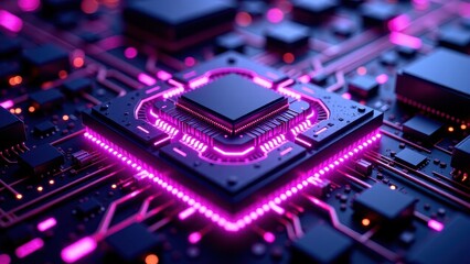 Close up of glowing microchip with purple circuits and pink highlights	