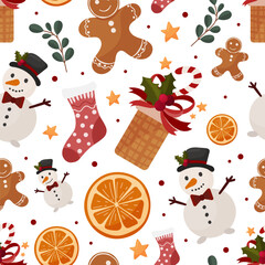 Christmas pattern with snowman, gingerbread, orange, giftbox and stars. Winter holidays design. Cute characters