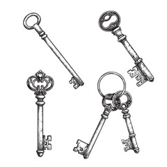 Hand drawn vintage retro keys set. Sketch style, engraved ancient keys with ornaments. Vector illustrations collection.