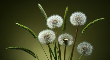 Dandelions flowers with green background highlighting natural beauty and delicate petals