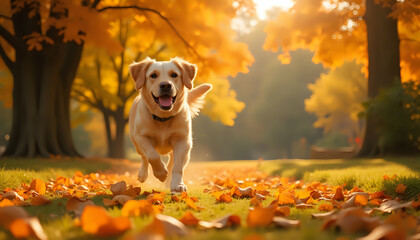Playful golden retriever running through autumn leaves in a sunny park