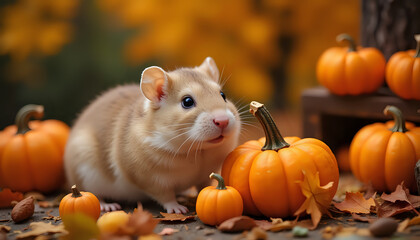 An adorable hamster among small decorative pumpkins and autumn leaves in a colorful fall setting