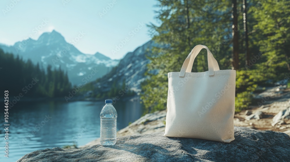 Aufkleber a serene lakeside view features a simple tote bag and a water bottle resting on a rock. towering mou