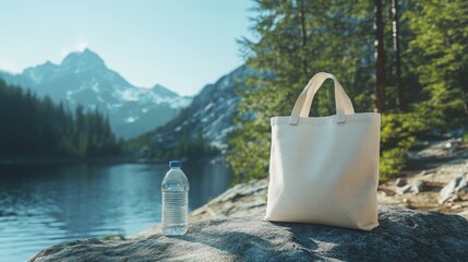 A serene lakeside view features a simple tote bag and a water bottle resting on a rock. Towering mountains and lush trees create a picturesque backdrop under a bright blue sky.