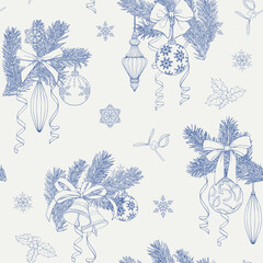 Christmas Vintage seamless pattern with fir branches toys bows bells mistletoe holly snowflakes ribbons. Blue beige Hand drawn linear vector background for design holidays package paper new year decor