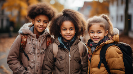 Happy friends students are going to school, concept of education