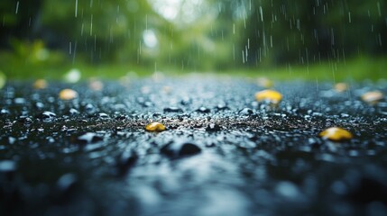Fototapeta premium Rain droplets collect on a dark surface reflecting soft lights in a tranquil outdoor setting