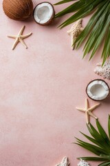 Decorative tropical arrangement with coconut, starfish, and palm leaves on a pink background