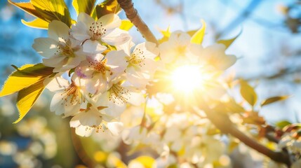 Sunlight filtering through a canopy of blooming cherry blossoms, capturing the essence of spring
